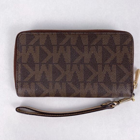 Michael Kors Signature Brown Large Monogram Logo Zip Around Wallet - Picture 3 of 4